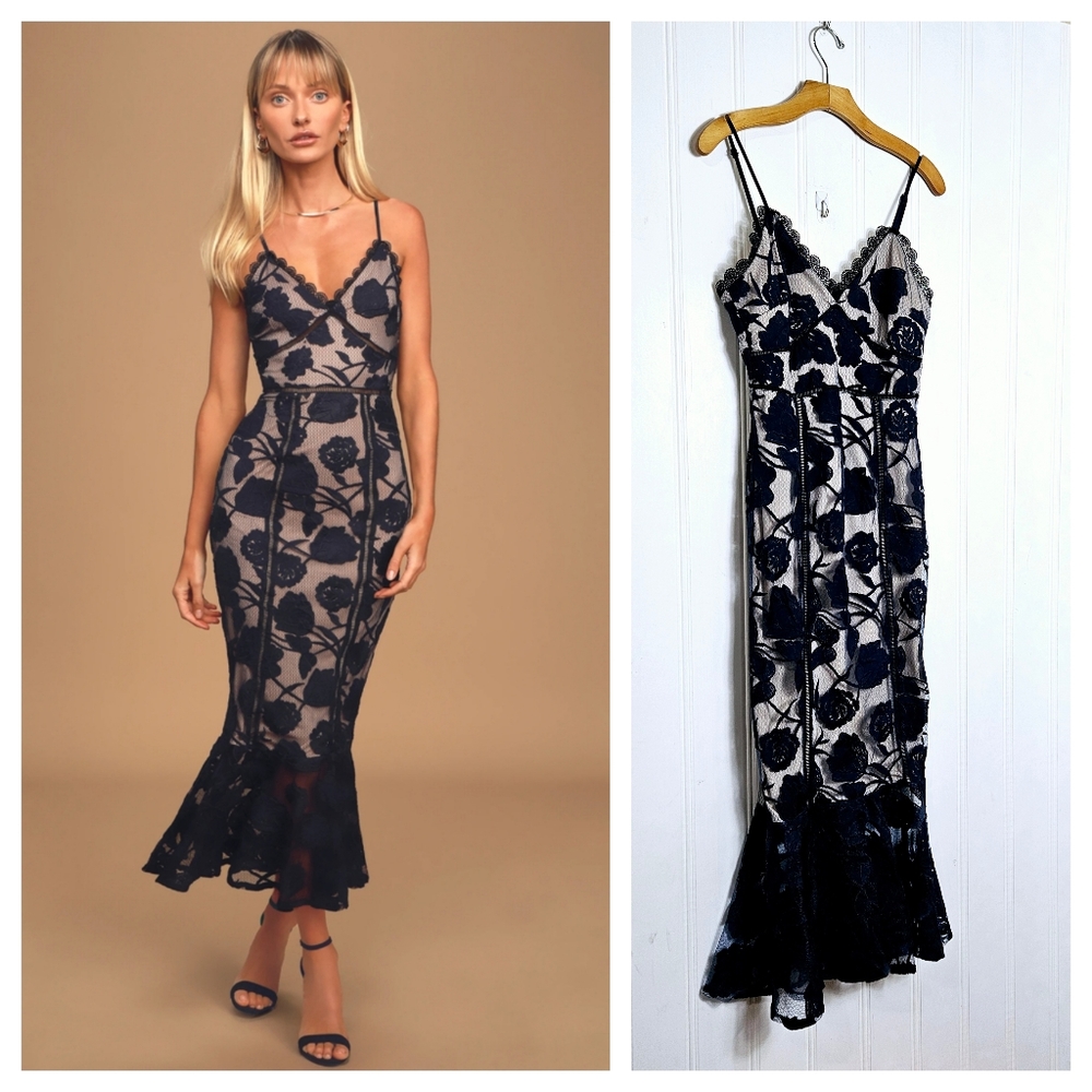 Lulus Midi Dress Womens S Alluring Dream Navy Blue Floral Mesh Lace Trumpet Hem